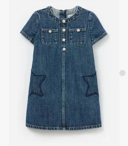 Custom Girls Casual Blue Denim O-Neck Dress with Rhinestone Button Back Zipper Closure Breathable & Eco-Friendly Knee-Length