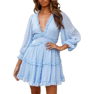 Women's Fall Spring Eco-Friendly Chiffon Empire Waist Deep V Neck Ruffle Long Sleeve Floral Print Mini Dress