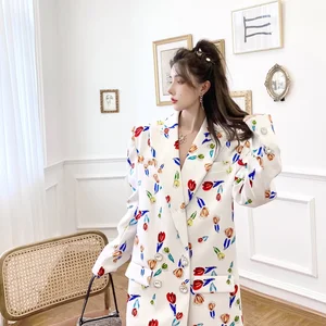 Women's Elegant Floral Print Summer Casual Blazer Suit One Set with Short Tops Length