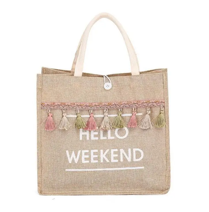 Hello Weekend Straw Tote Bag