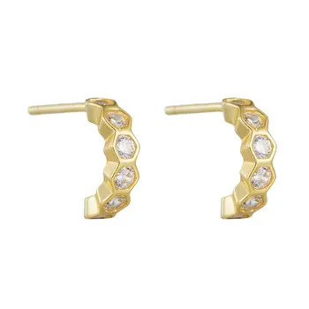 Ins 925 Sterling Silver C Shaped Geometric Hexagon Hexagonal Zircon Gold Plated Stud Earrings For Women