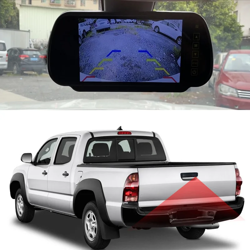 7"Rearview Mirror Monitor with Tailgate Handle Backup Reverse Camera Kit use For Toyota Tacoma 2005-2015