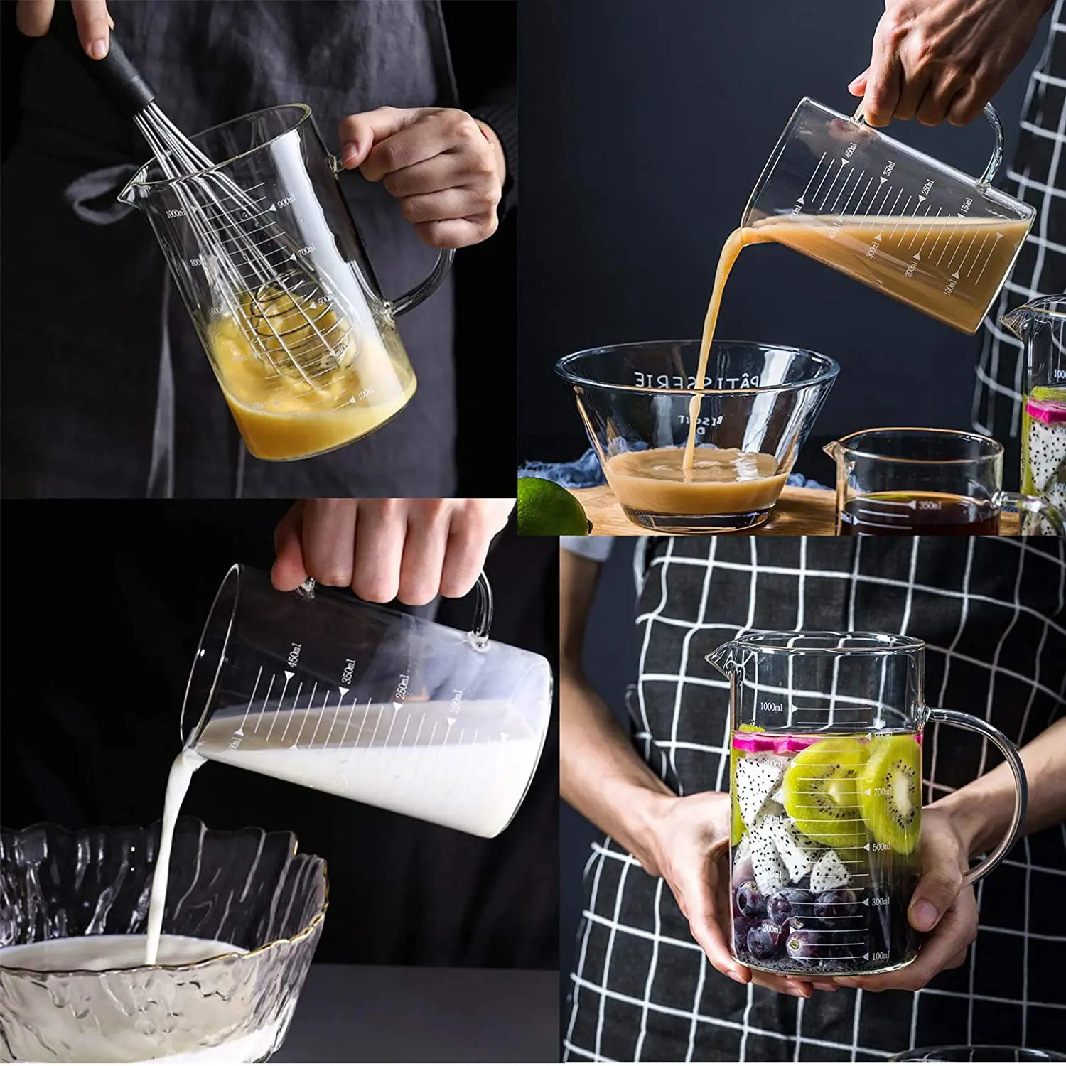 1L Airtight Lid Pitcher Beaker Liquid Glass Mixing Measure Cups Jugs for Coffee & Tea Sets