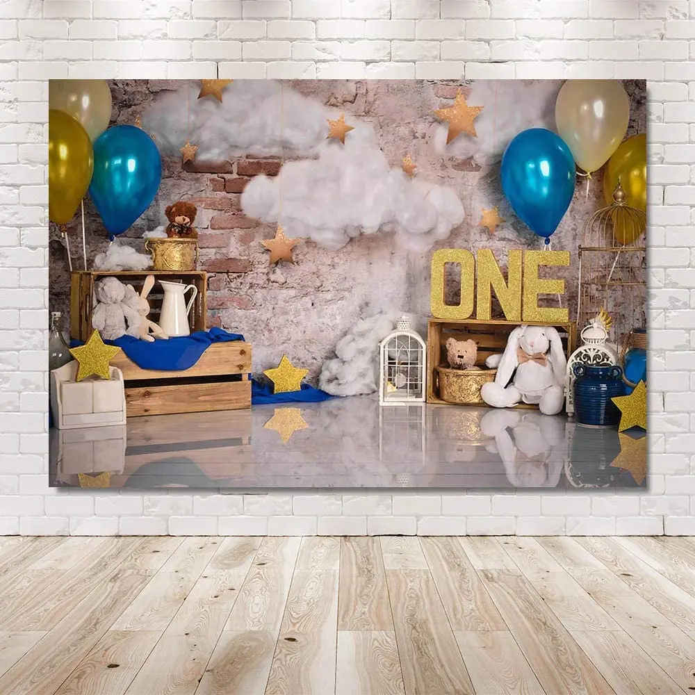 Blue And Gold Boy One Birthday Photo Studio Portrait Backdrop Props  Balloons Cloud Stars Retro Wall Happy 1st Birthday Party - Buy Birthday  Floral Baby Shower Party Decorations,Happy Birthday Background For Adult
