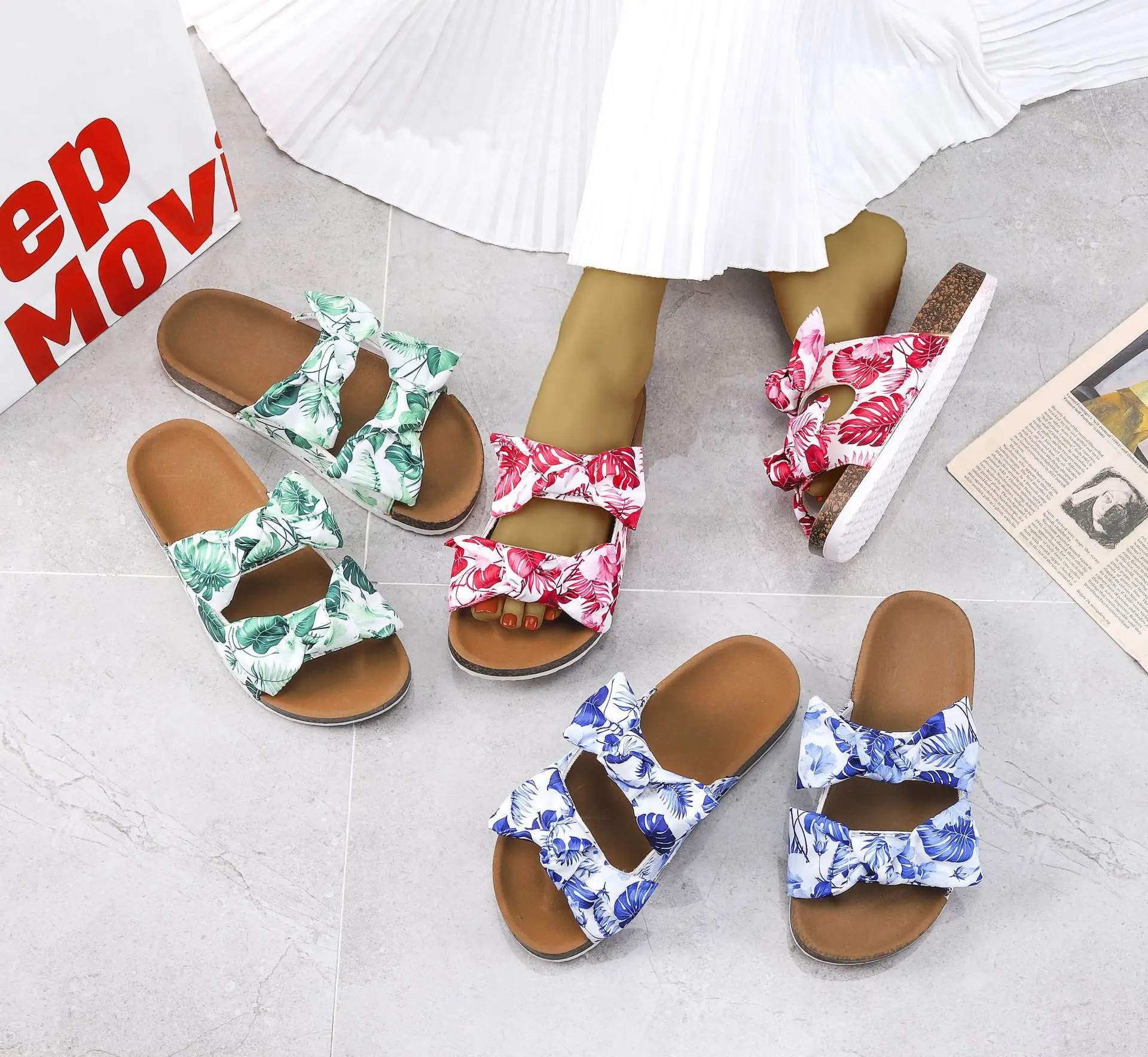 2022 Slides Slippers Women"e;s Amazon Hawaii Double Row Bow Slippers Cork Sole Flat Fashion Slippers