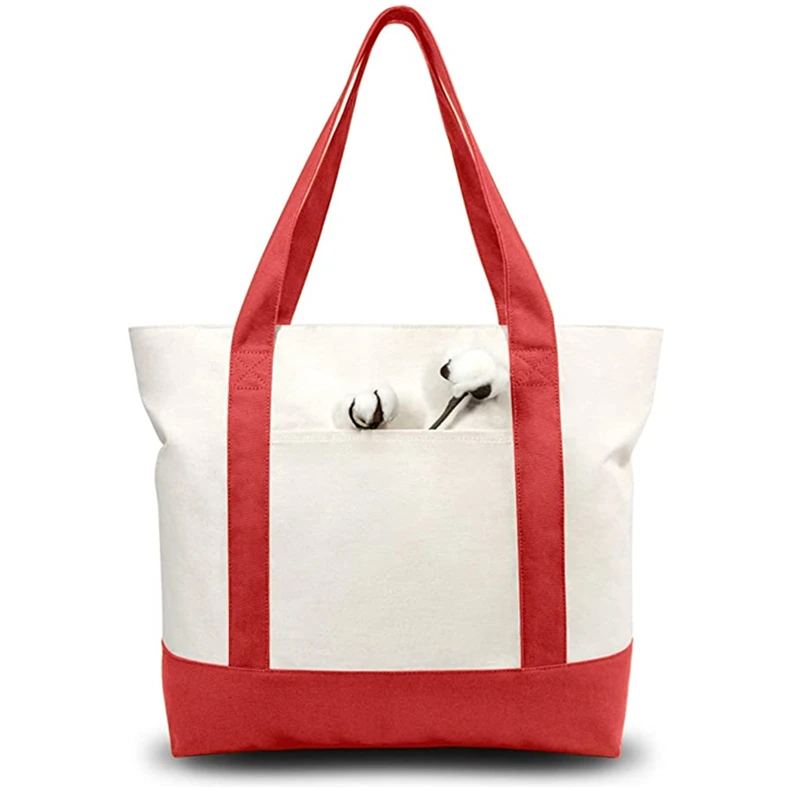 Custom with Logo Printing Blank Plain Pocket and Zipper Shoulder Handle Extra Large Shopping Cotton Canvas Tote Bags