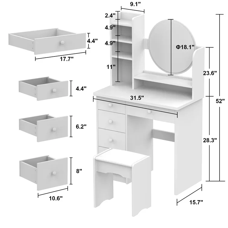 Bedroom furniture dressing table white color vanity desk set with mirror for makeup