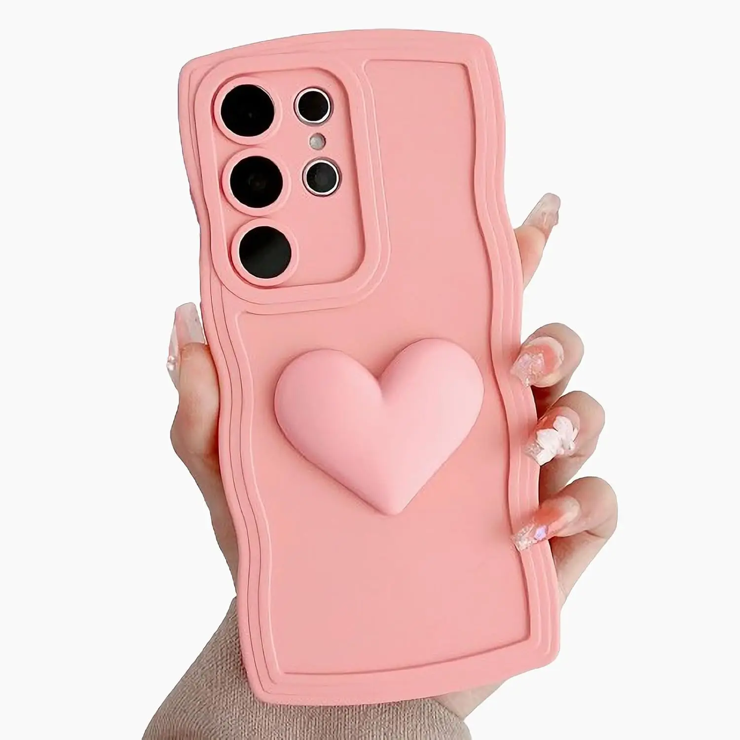 Case for Samsung Galaxy S24 S23 Ultra Cute Love Heart Phone Case Solid Color Curly Wave Frame Women Soft Shockproof Bumper Cover