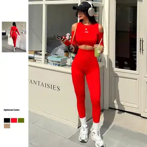 High Quality Nylon 2-piece Long-sleeved Yoga Set Off-the-shoulder Top & Butt Lifting Pants Leggings Gym Fitness Yoga Set Women