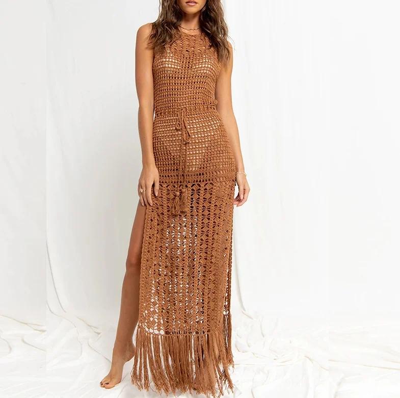 STOCK Two Colors High Neck Ties Front Long Crochet Dress Cotton Fringe Hem Beach Cover Ups Kimono