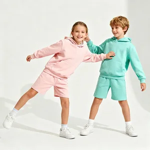 Custom logo 300gsm Children Macaron Colours Flexible Travel Activewear Pullover Hoodie Hooded Pullover Matching Sweat Shorts Set