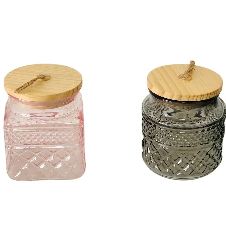 Custom Multi Color square sealed Glass Food Storage Jar with Wooden Lid