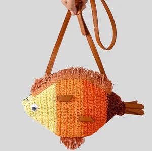 Fashion Woven Crossbody Bag Fish Shape Creative Shoulder Messenger Straw Bag Summer