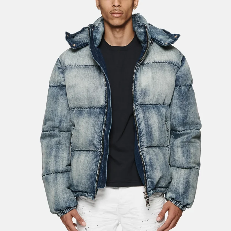 Vintage Manufacturer Custom Oversized Distressed Padded Bubble Denim Puffer Jacket for Men Sun Faded Acid Wash Front Zip Closure gallery 2