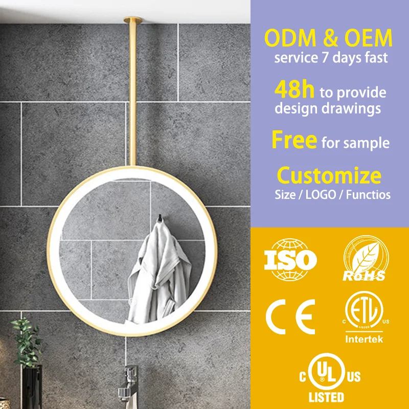 product european luxury bathroom led mirror suspender round  hotel ceiling hanging mirror with light-0