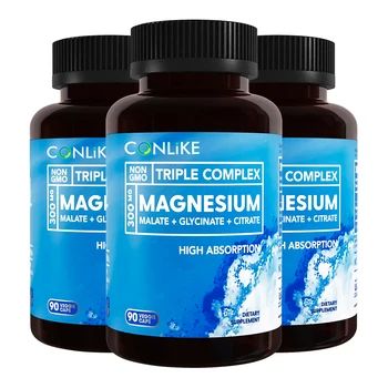 Triple Magnesium Complex 300mg of Magnesium Glycinate Malate Citrate for Muscles Nerves Energy High Absorption Vegan