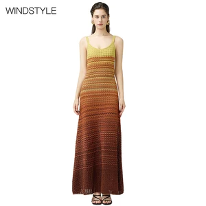 Romantic Vintage Summer Dress for Women Breathable Viscose Gradient Wind Pattern Thin Shoulder Strap Knit OEM/ODM Service