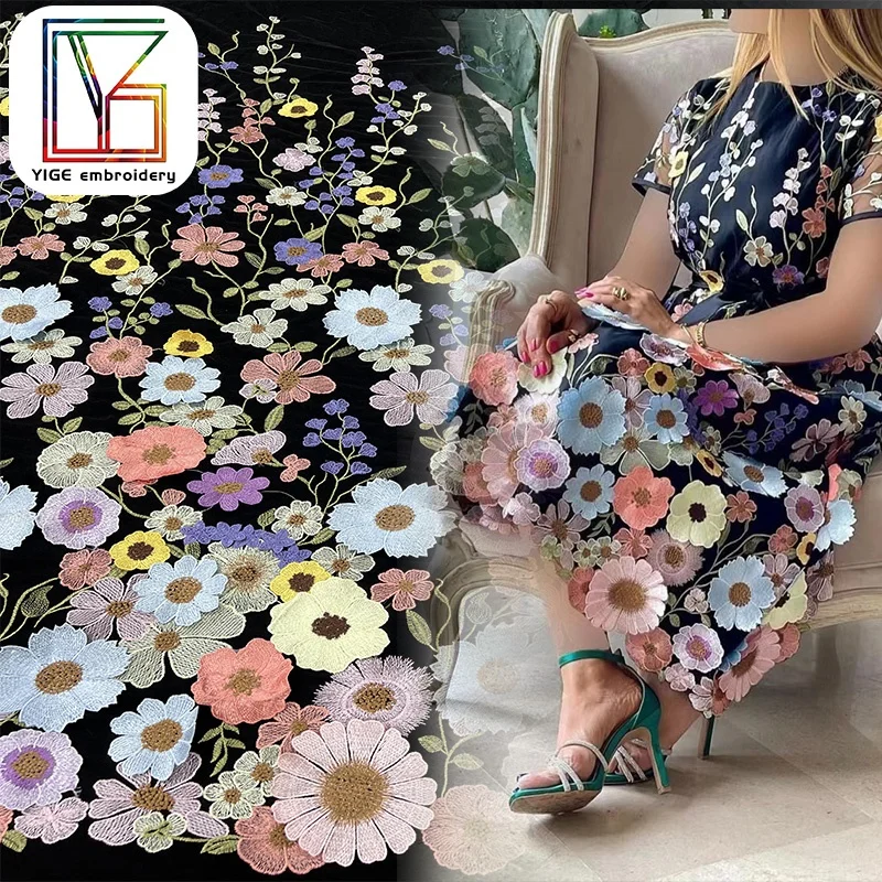 Custom Wholesale Design Bridal Embroidery Tulle Wedding Dress Net Applique  Mesh Floral 3D Flower Lace Fabric