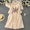 Chic Stand Collar Hollow Out Embroidery Dress High Waist A-line Large Skirt Retro Tea Dress