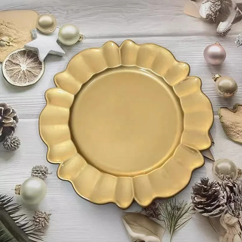 Wedding Party Table Setting Octagonal Plastic Chargers Plate 13 Inch Gold Plastic Dinner Plate
