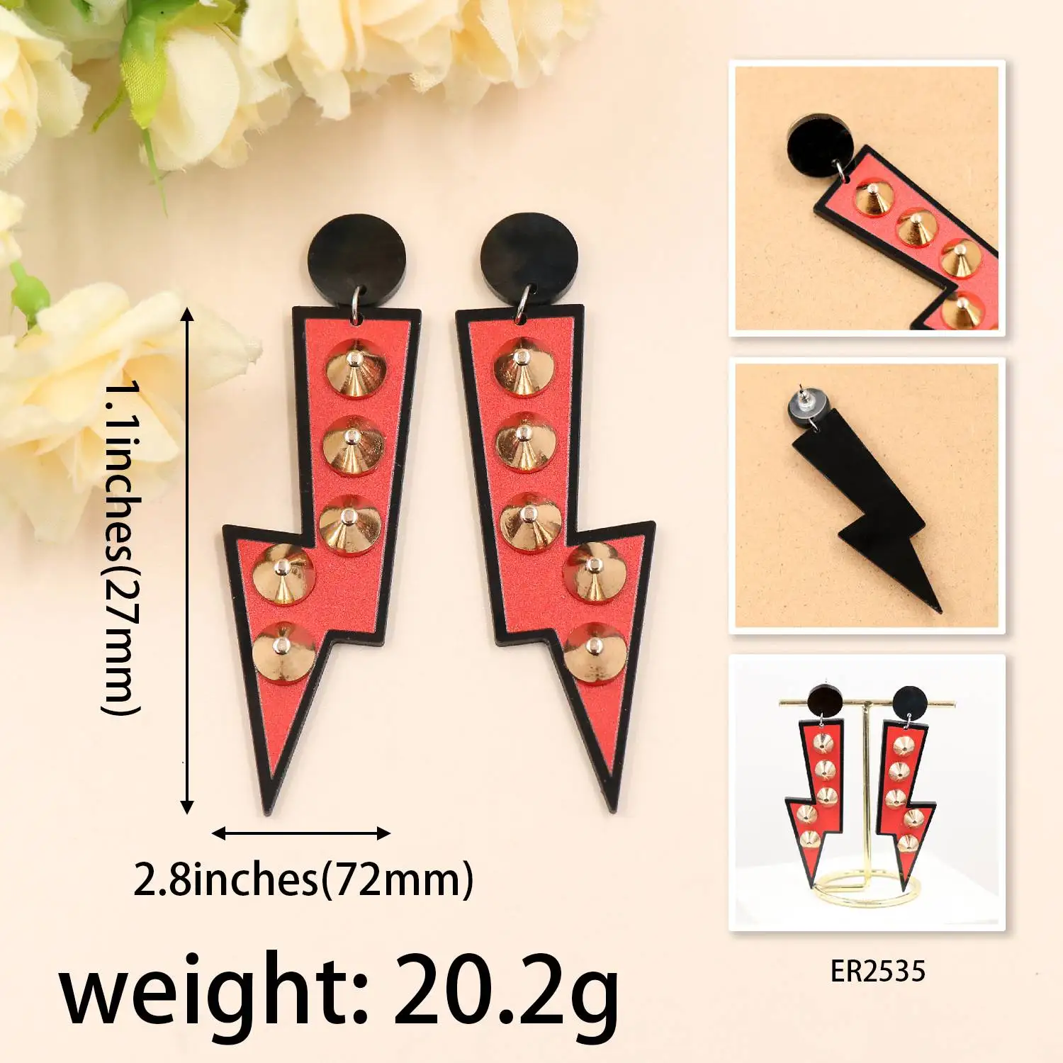 ZSHER2535 2024 Vintage Laser Cut Acrylic Drop Earrings Black Red Lightning Bolt with Rivet Peace Pattern for Gift details