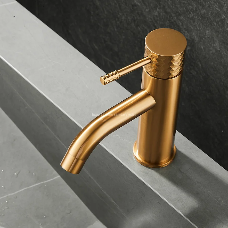 2025 Hot-selling Basin with Low Curved Mouth-carved Handle-brushed Gold Single-handle Washbasin Faucet