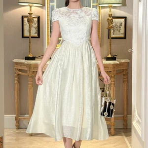 ZYHT 21848 Summer 2026 White Floral Lace A-Line Midi Dress Wholesale Light Luxury Style Short Sleeves Flowy Sweet Natural