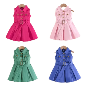 2026 Summer Clothing Fashion Children Denim Dresses Sleeveless Belted Pleated Kids Dress for Girls Wholesale