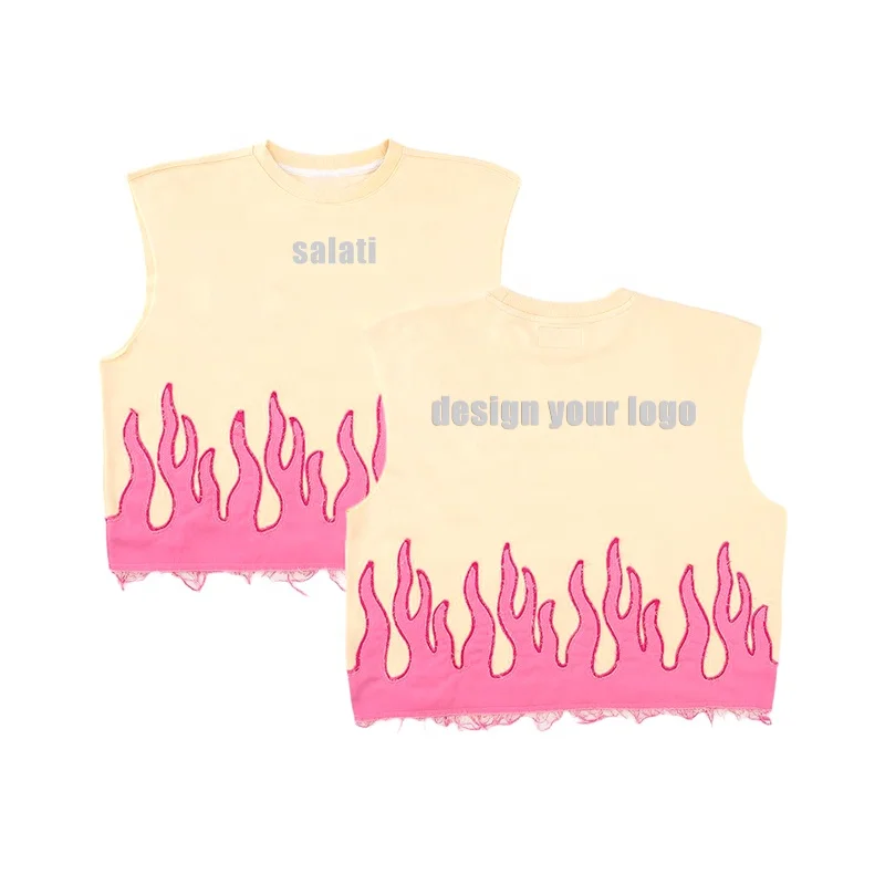 Men's Shirts Custom 3D Reflective Print Flame Graphic Raw Hem French Terry Cut and Sew Cotton Sleeveless Cropped Tshirts T-shirt gallery 2