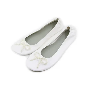 White PU Rollable Shoes with Pearl Bow for Women Rescue Flat After Party