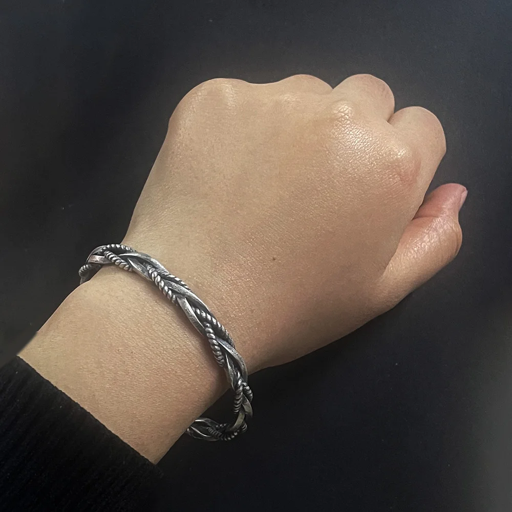 Sterling Silver S925 Vintage Twist Braided Bracelet Bangles