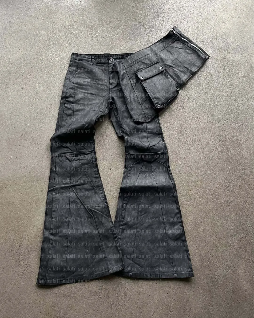 Salati Custom Punk Hip Hop Streetwear Double Layer Bootcut Waxed Leather Flared Stacked Detachable Skirt Denim Pant Jean for Men gallery 2