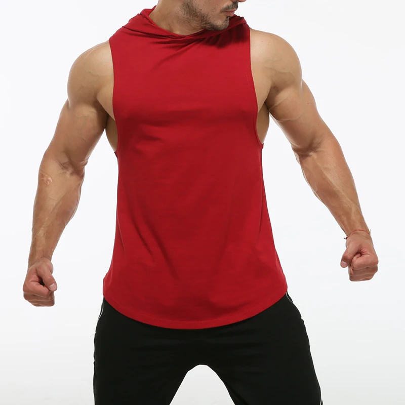 Mens Workout Hooded Tank Tops Bodybuilding Muscle Cut Off T Shirt Sleeveless Gym Hoodies with Pocket 