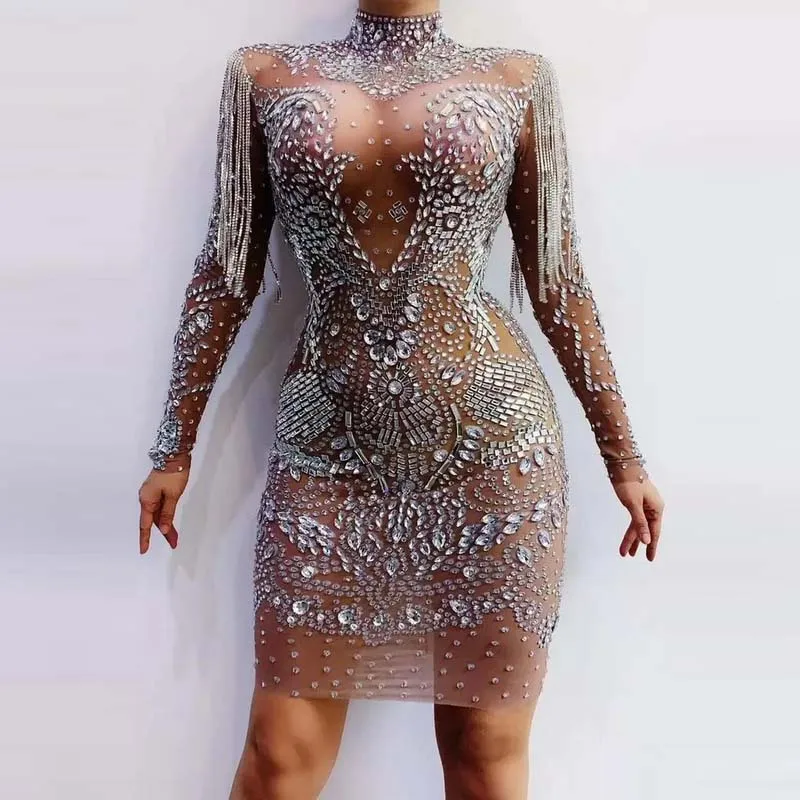 Sexy Rhinestone Transparent Dress Prom Birthday Party Girl Celebrate Stage Costume DJ Bar Club Dancer Outfits Sexy Rhinestone Transparent Dress Prom Birthday Party Girl Celebrate Stage Costume DJ Bar Club Dancer Outfits