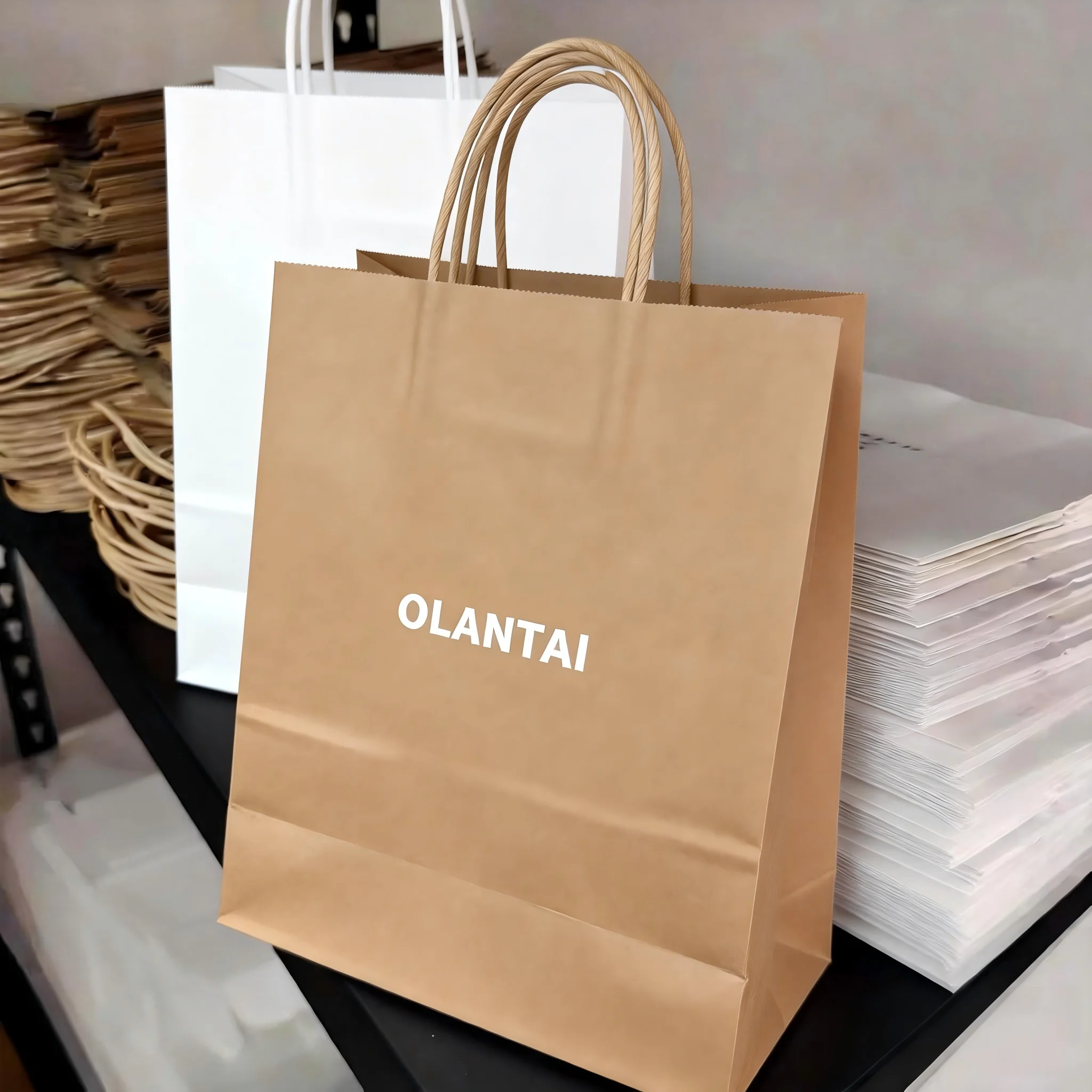 Wholesale Custom Luxury Recyclable Durable Food-Safe Kraft Paper Bags Glossy Lamination Brown Printed Shopping Bag Ribbon Handle