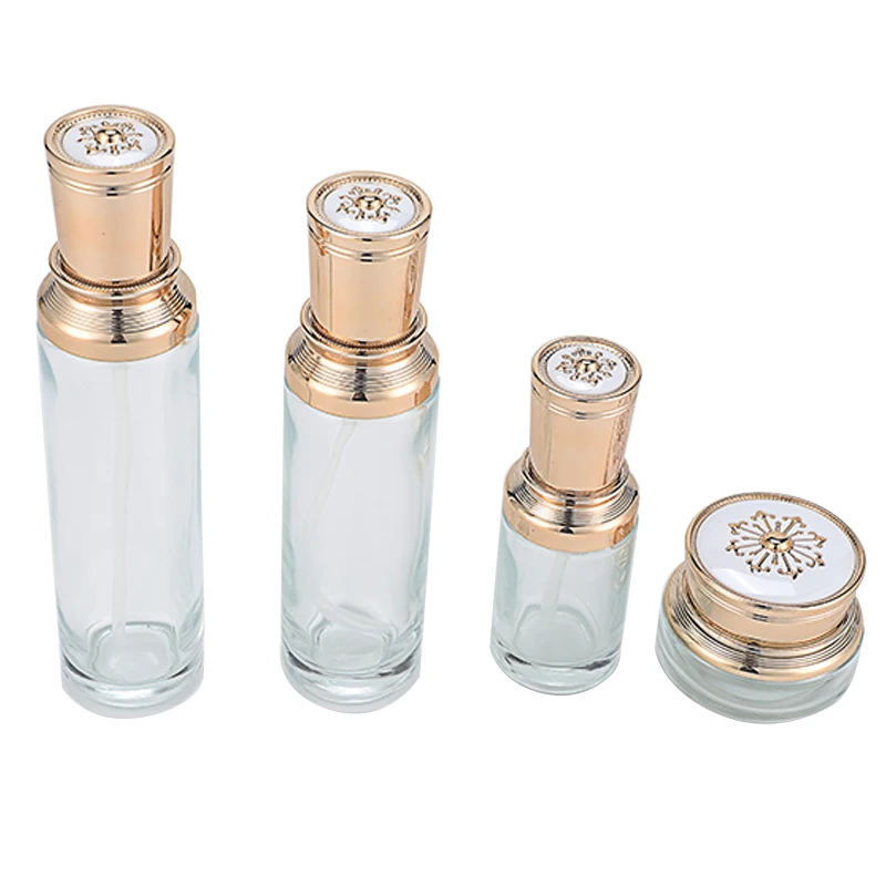 Luxury Cosmetic glass bottle set -- skincare container manufacturer--electroplating aluminum with pump&spray&engrave cap