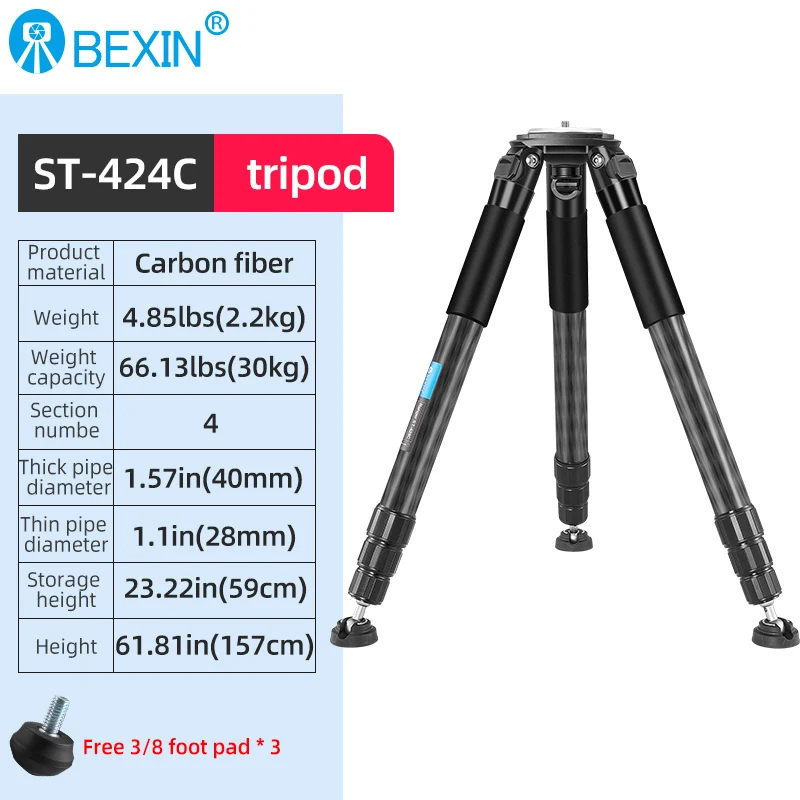 BEXIN ST424C Professional Heavy Duty Carbon Fiber Camera Tripod with 20KG Load Capacity for DLSR Camera