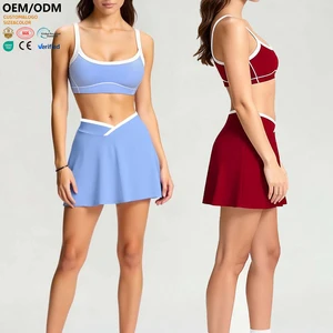 XW-TZ777 Women High Waist Elastic Quick Dry Breathable Custom Sports Lightweight Tennis Skirt Sleeveless 2 Piece Yoga Wear Set
