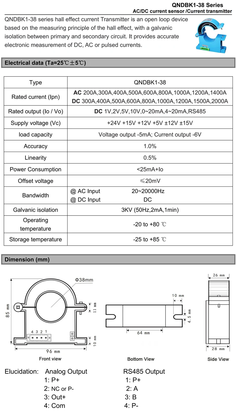 Split Core Current Sensor RS485 Current Transformer Ct Clamp AC DC 20A 30A 50A 100A 200A 300A Hall Effect Current Transducer