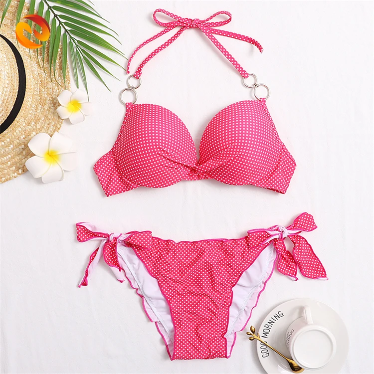 Custom Polka Dots Bikinis Metal Logo Beachwear Swimwear String Swimsuit Bathing Suits For Women 9245