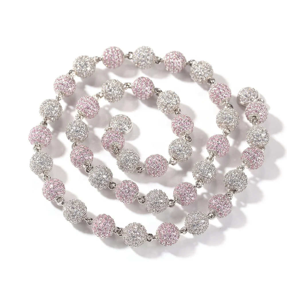 ◇roaju◇ Big ball necklace Iced Out Ball Chain Necklaces with Pink Zircon - Junlu Jewelry