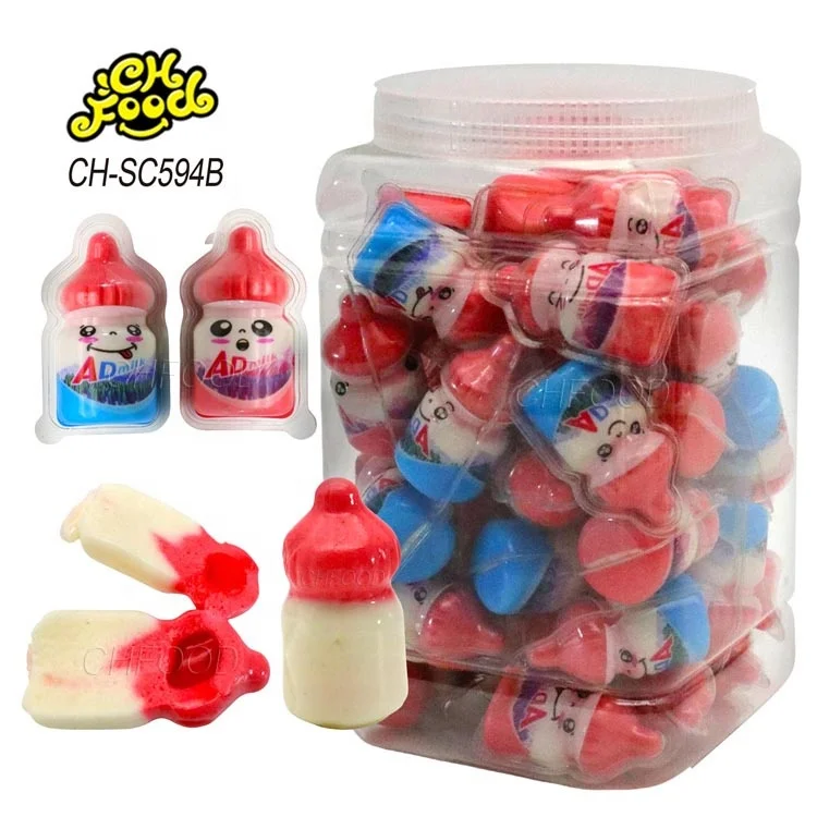 Wholesale 10g Halal 3d Cartoon AD Milk Feeding-bottle Shape Strawberry Jam Filled in Ball Gummy Candy Sweets Snack Food