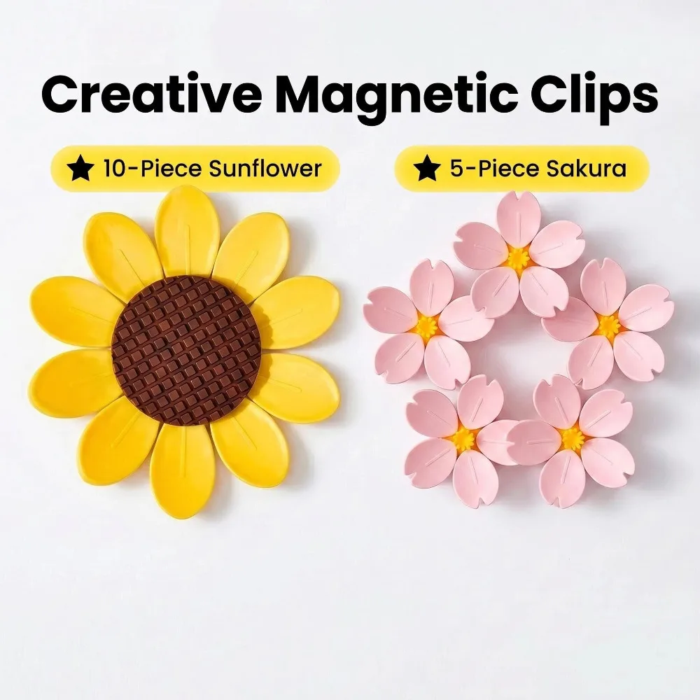 Wholesale Aesthetic Floral Magnetic Clips Sunflower & Sakura 10 & 5 Pieces Set Customized Detachable Petal Food Sealer for Gift