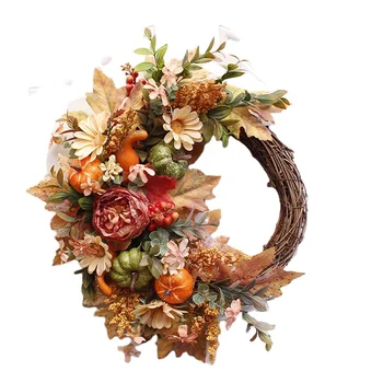 Hot sale hanging silk flower wreath handmade natural grapevine orange autumn decorative wreath with pumpkin maple leaf