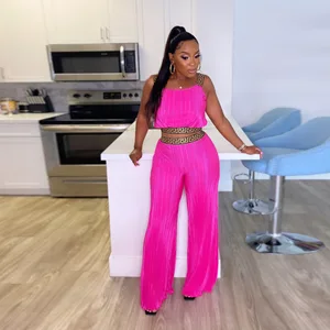GX2812 New Summer Unique Women Street Wear Pleated Outfit Sleeveless Crop Top and Pant Matching Suit 2 Piece Set