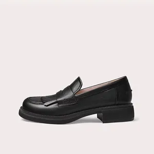 Lily Wei Women's Tassel Loafers Black Leather Slip on Chunky Sole Comfortable Soft Lining Non Slip for Daily Casual