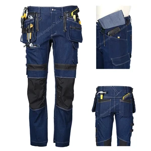Custom LOGO Multi Pockets Tooling Regular Denim Jeans Workwear Pants for Men Safety Electrician Carpenter Trousers
