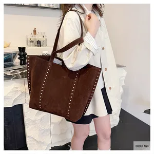 Faux Suede Tote Bag Large Shoulder Bag with Rivet Underarm Bag Hobo Bag for Women Commuting