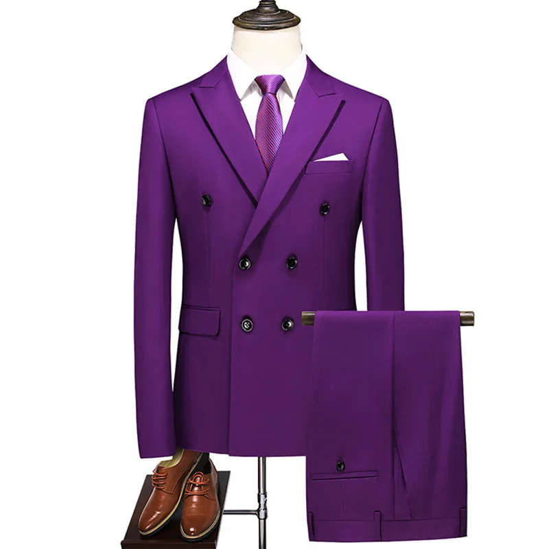 Men's Slim Fit Suit Male Business Casual 2 Piece Trousers Gentlemen Double Breasted Wedd aperçu 3