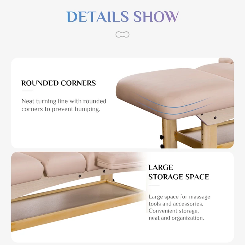 Chinese Style Wooden Massage Table with Large Storage Curved Lash Bed Height Adjustable Spa Bed for Salon Made of Solid Wood